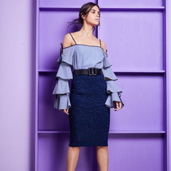 Free Generation Blue & White Gingham Print Top with Ruffle Tie Sleeves - Picture 3 of 8